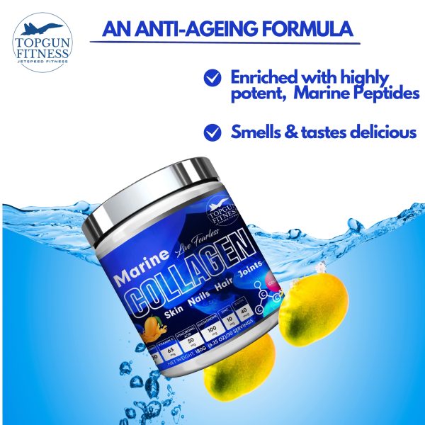 marine collagen mango flavour floating in sea water